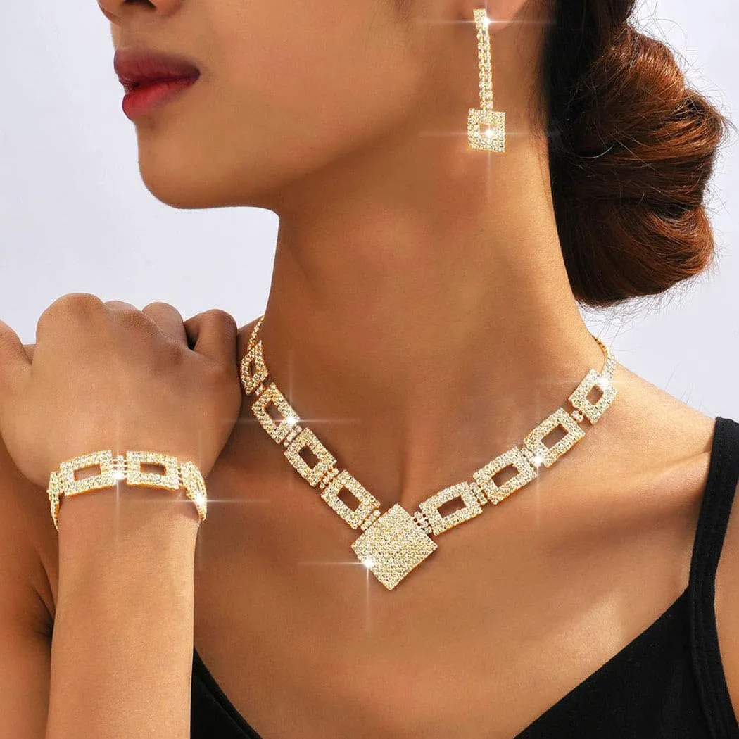 Aukmla Bridal Wedding Jewelry Sets Rhinestone Necklace Earrings Bracelet Set Prom Formal Jewelry for Women
