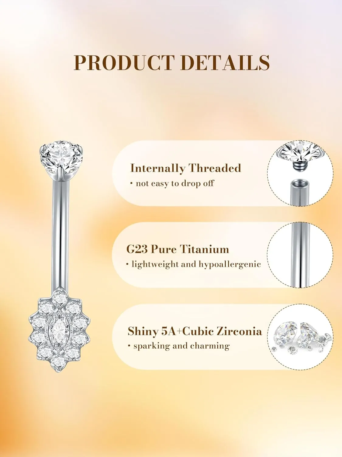 Aumeo Titanium Belly Button Rings 14G 10mm Belly Ring Clear CZ Navel Piercing Jewelry for Women