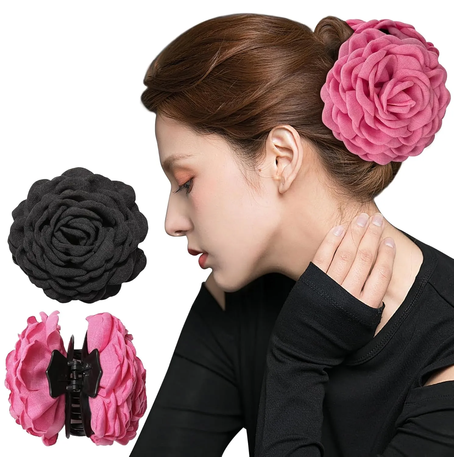 Babalet 2PCS Hair Clips for Women Large Rose Flower Hair Claw Clips for Thick Thin Long Hair Cute Hair Accessories(Black,HotPink)