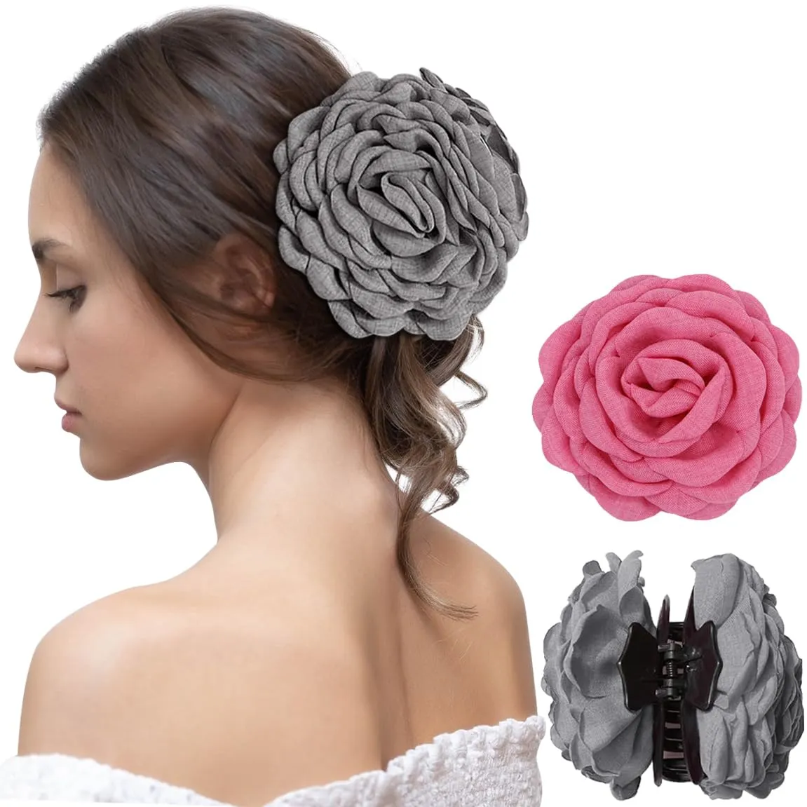 Babalet 2PCS Hair Clips for Women Large Rose Flower Hair Claw Clips for Thick Thin Long Hair Cute Hair Accessories(HotPink,Grey)