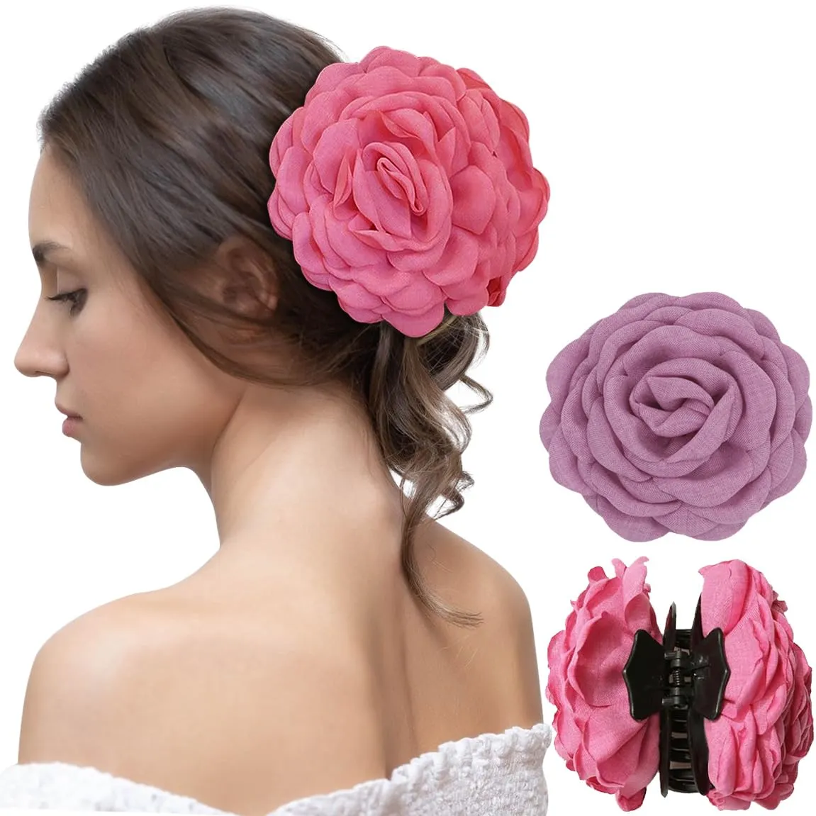 Babalet 2PCS Hair Clips for Women Large Rose Flower Hair Claw Clips for Thick Thin Long Hair Cute Hair Accessories(HotPink,MediumPink)