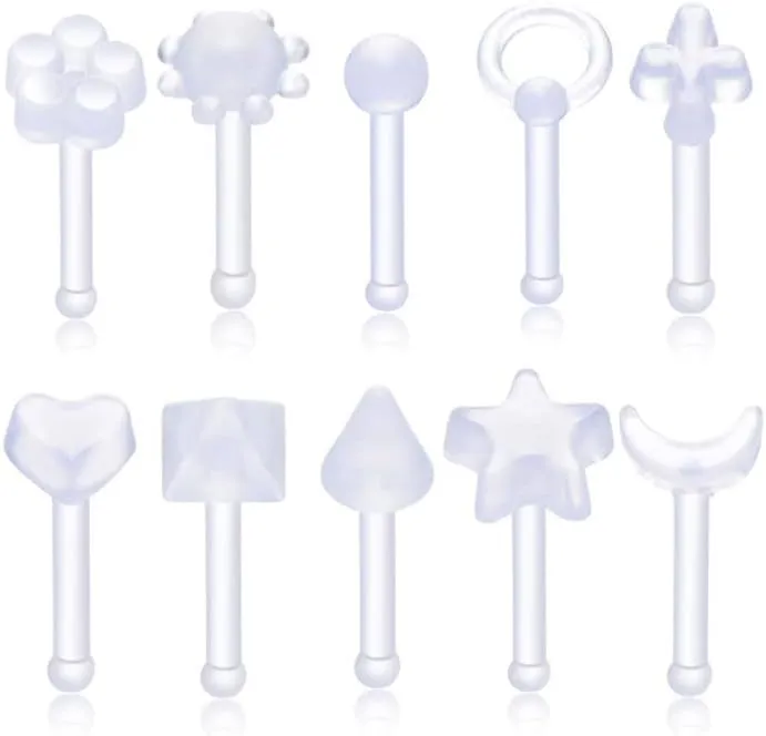 Balala 10pcs 18G 20G Clear Flexible Bioflex Plastic Nose Piercing Retainer Studs