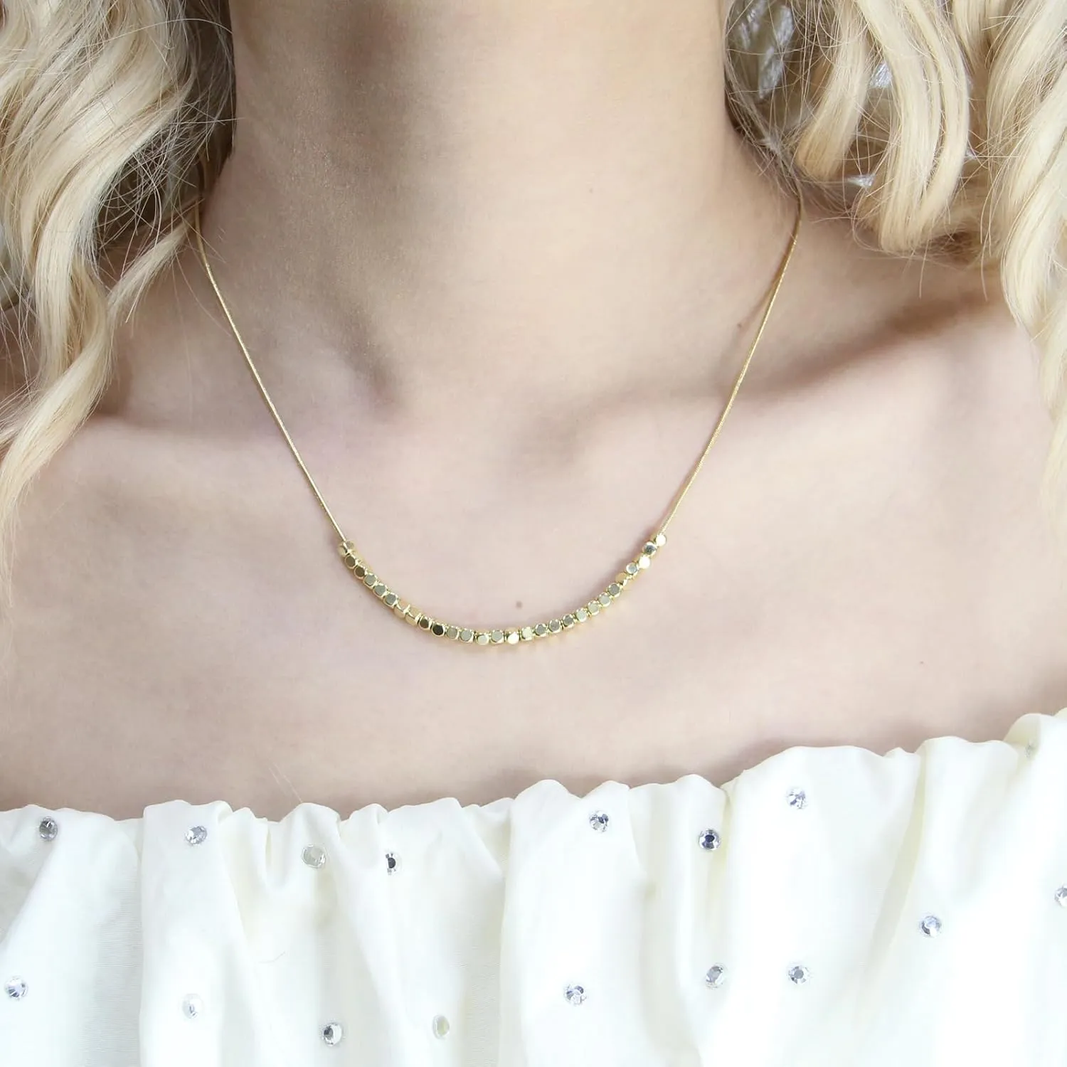 Bead Necklace for Women, 18K Gold Plated Choker Delicate Necklace Adjustable Length Simple Chain Choker Necklace Fashion Gold Jewelry Gift for Women Girls