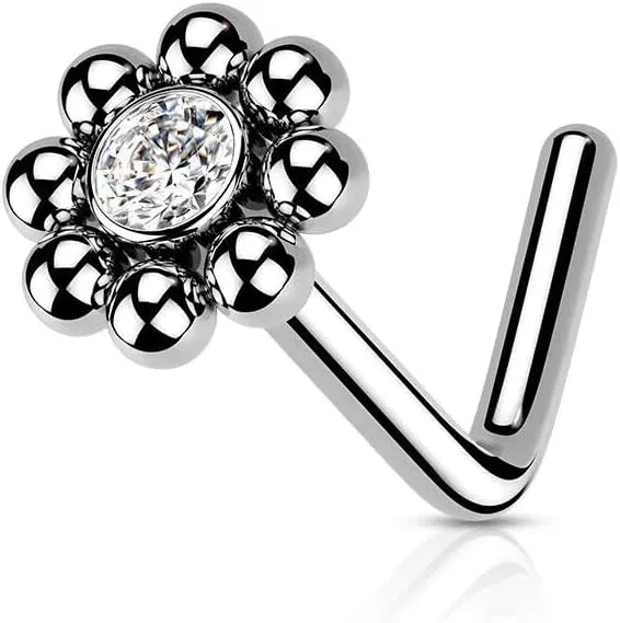 Beaded Ball Edge With Cz Center Surgical Steel Nose L Shaped Nose Studs Ring 18G 1 Mm Silver Body Piercing Unique Jewelry For Women Delicate Design