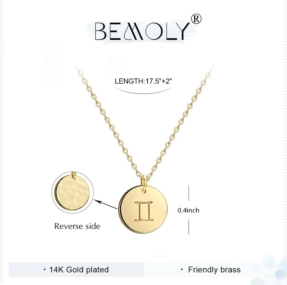 Befettly Constellation Necklace Pendant 14K Gold-Plated Hammered Round Disc Engraved Zodiac Sign Pendant 17.5 Adjustable Dainty Necklace