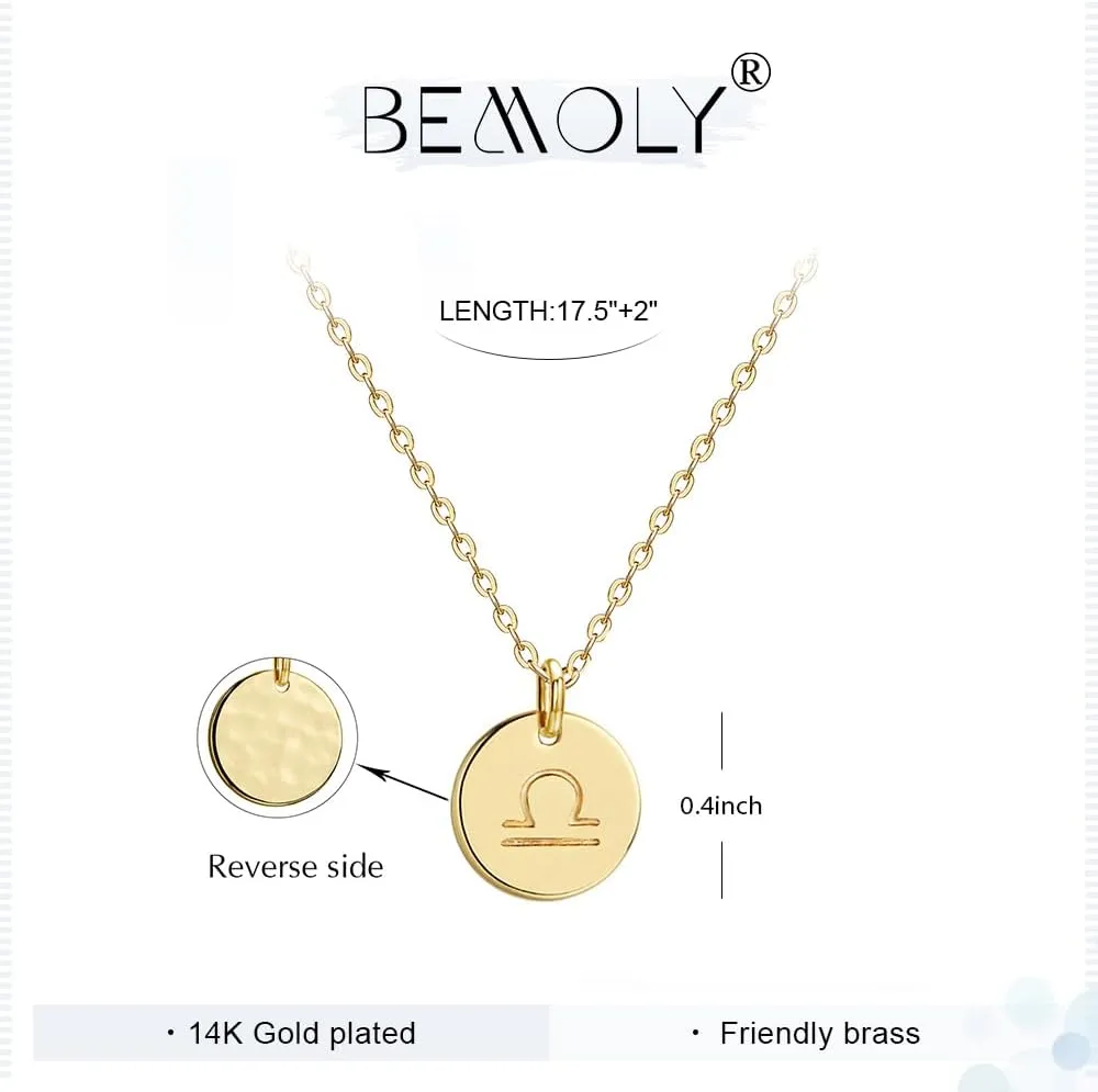 Befettly Constellation Necklace Pendant 14K Gold-Plated Hammered Round Disc Engraved Zodiac Sign Pendant 17.5 Adjustable Dainty Necklace