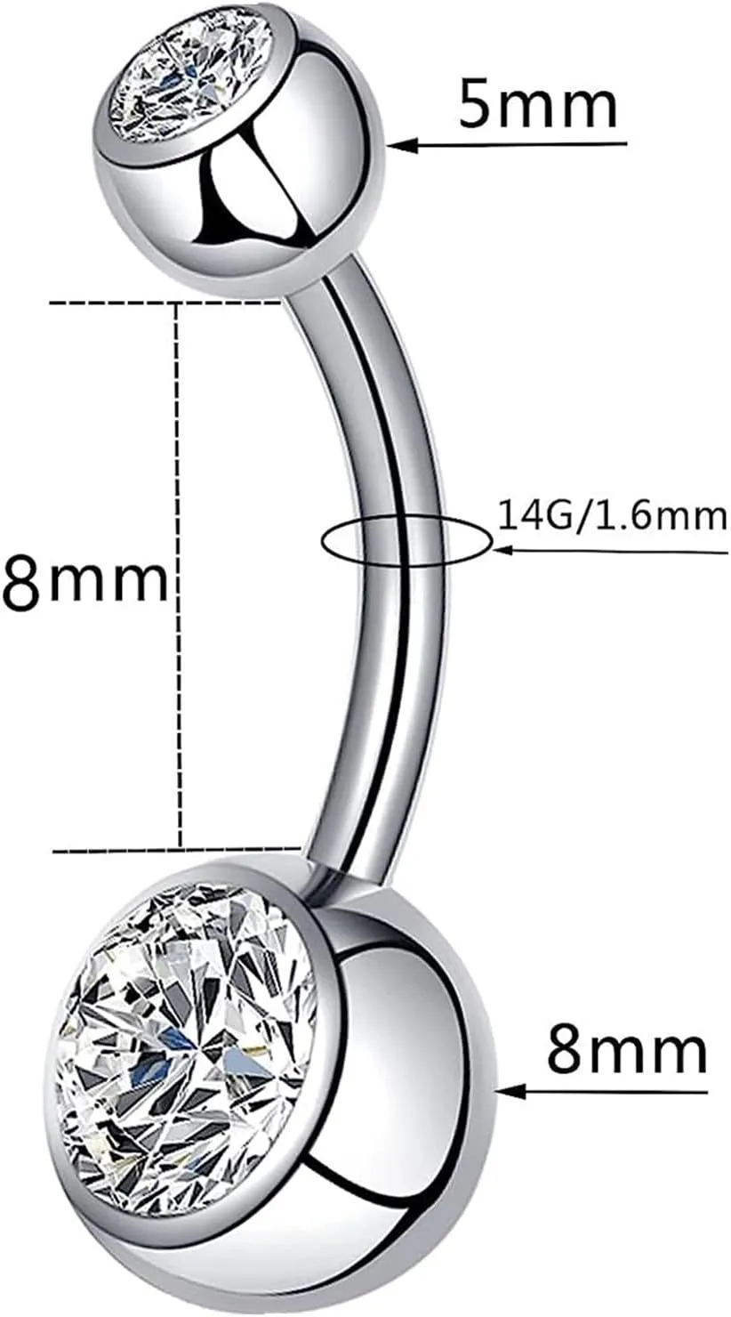 Belly Button Ring for Women Men 14G 10mm 12mm Titanium Round Rhinestones Navel Barbell Stud Body Piercing Jewelry