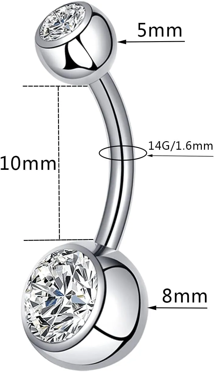 Belly Button Ring for Women Men 14G 10mm 12mm Titanium Round Rhinestones Navel Barbell Stud Body Piercing Jewelry