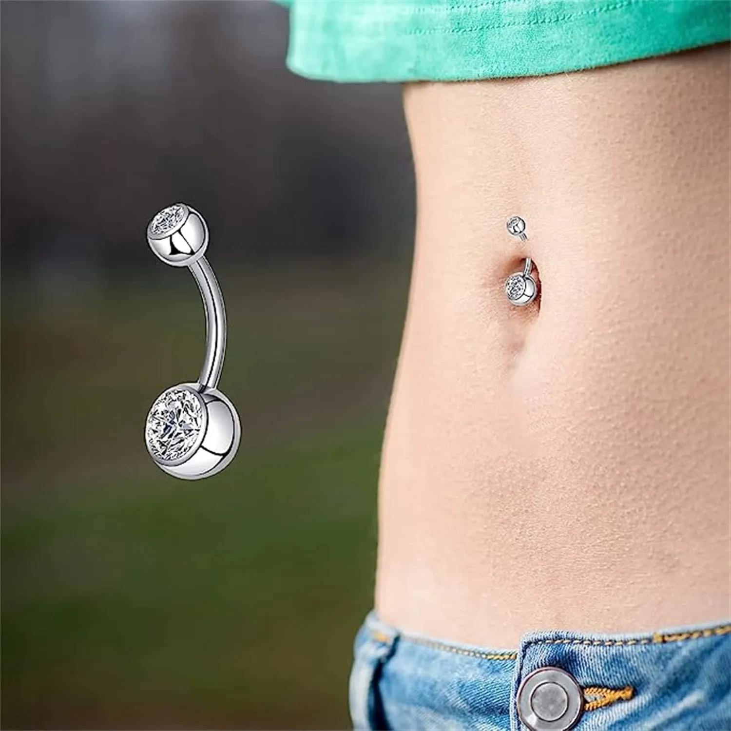 Belly Button Ring for Women Men 14G 10mm 12mm Titanium Round Rhinestones Navel Barbell Stud Body Piercing Jewelry