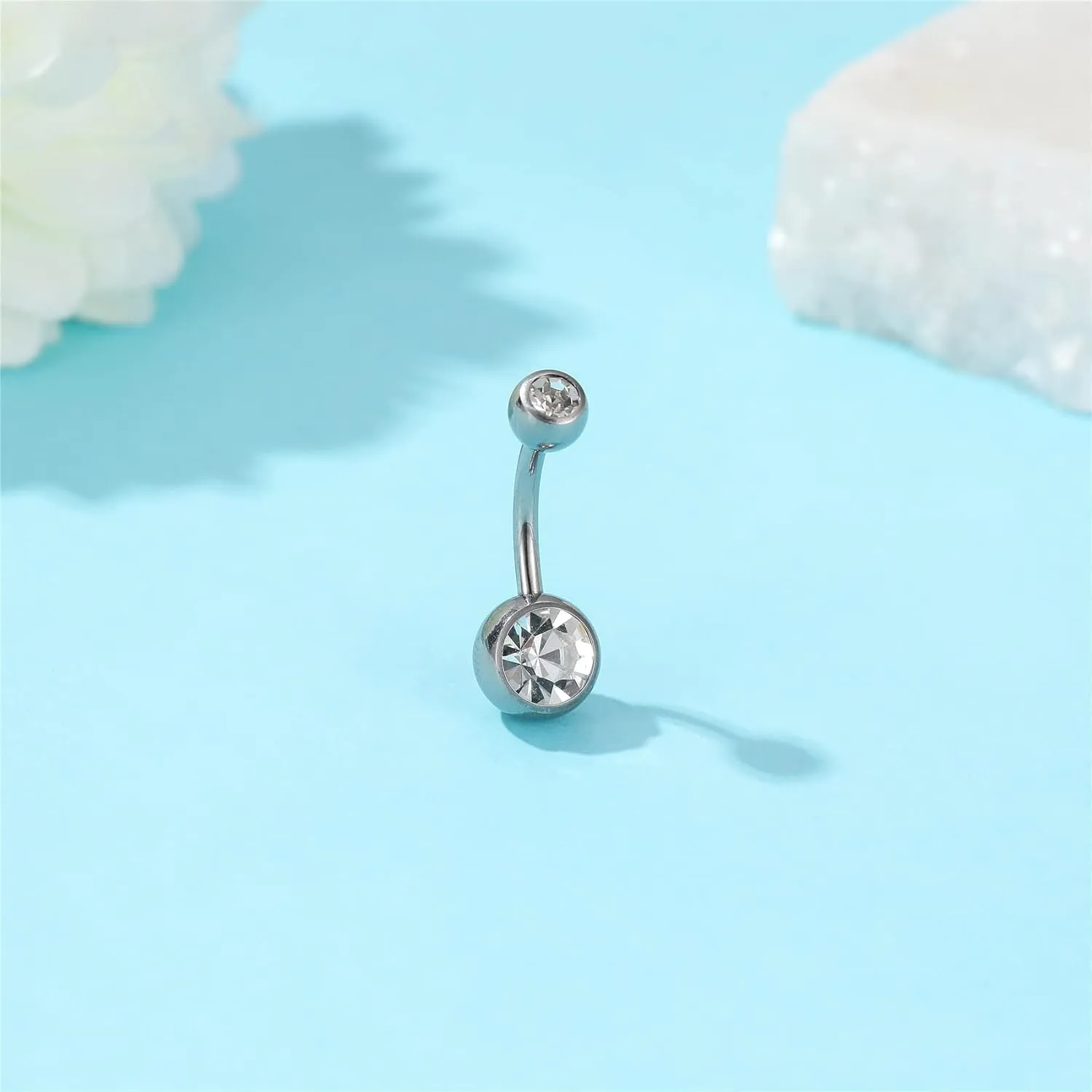 Belly Button Ring for Women Men 14G 10mm 12mm Titanium Round Rhinestones Navel Barbell Stud Body Piercing Jewelry