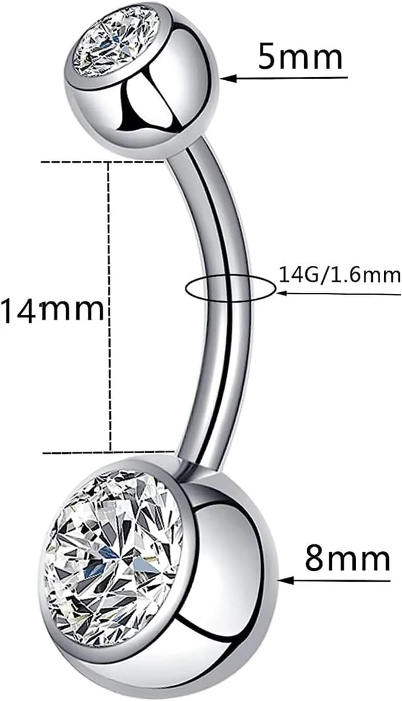 Belly Button Ring for Women Men 14G 10mm 12mm Titanium Round Rhinestones Navel Barbell Stud Body Piercing Jewelry