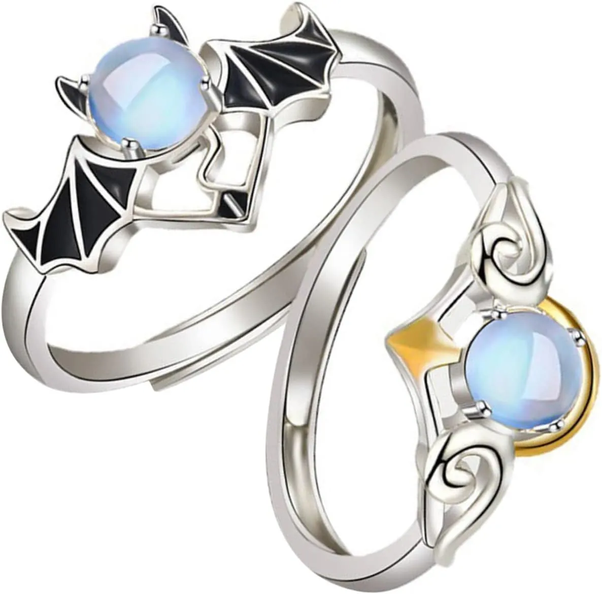 BESPORTBLE 2Pcs Matching Couple Rings Angel and Devil Moonstone Rings Stylish Jewelry for Lovers Valentine's Day Present