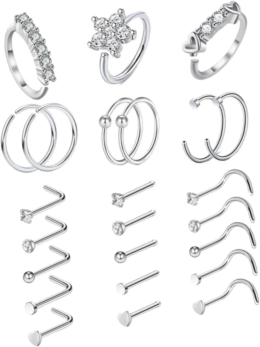BESPORTBLE Fashionable Nose Piercing Rings 24pcs Zircon Nose Studs Stainless Steel Nose Rings for Women Comfortable