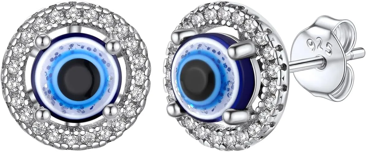 Bestyle Cute Evil Eye Jewelry - Sterling Silver Necklace, Stud Earrings, Open Rings for Women - Greek Protection Lucky Amulet Gift