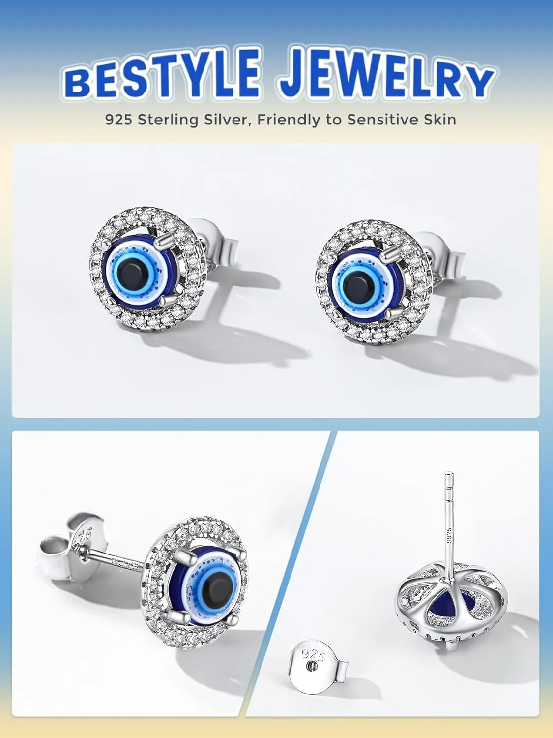 Bestyle Cute Evil Eye Jewelry - Sterling Silver Necklace, Stud Earrings, Open Rings for Women - Greek Protection Lucky Amulet Gift