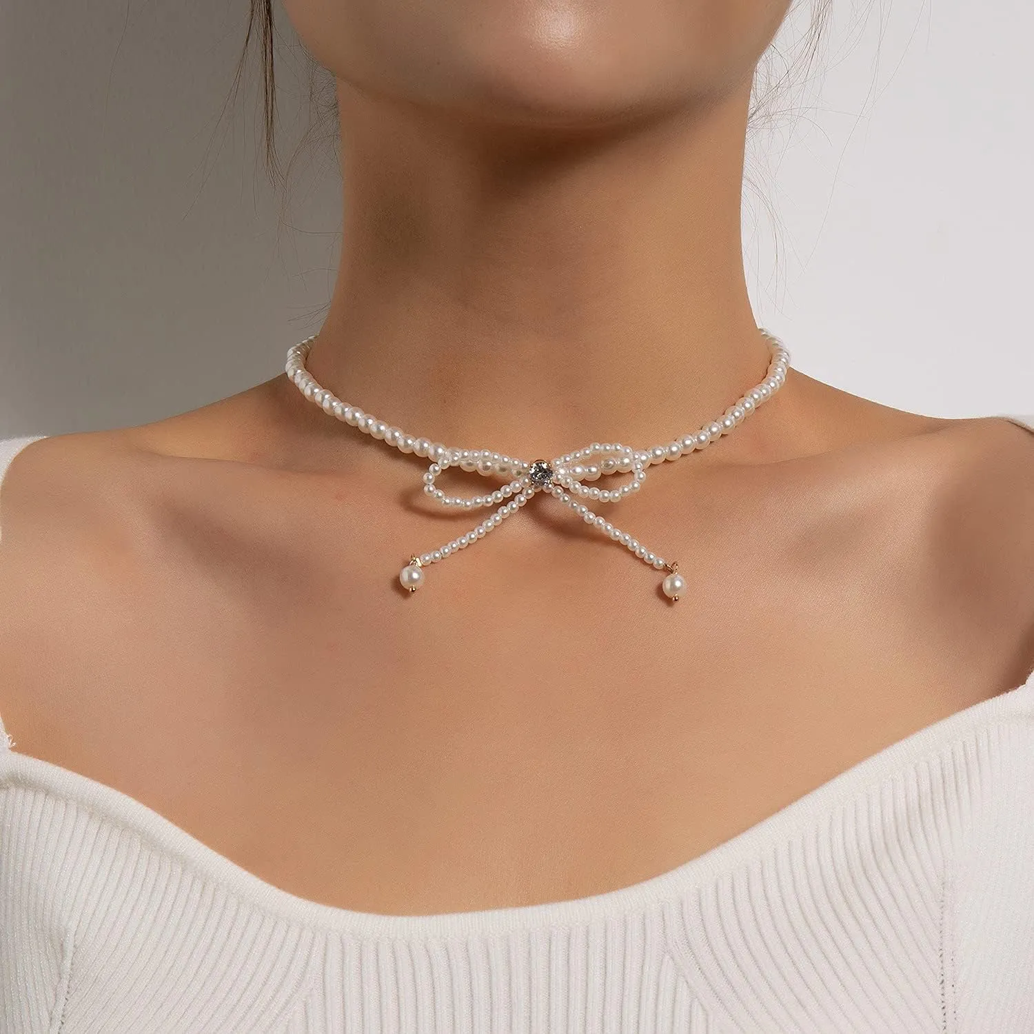 Bethynas Bow Crystal Beads Choker Necklace Boho Pearl Bow-knot Neck Chain Bridal Wedding Pearl Neck Jewelry for Women