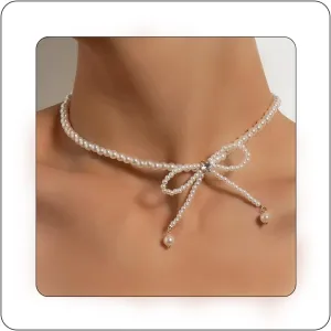 Bethynas Bow Crystal Beads Choker Necklace Boho Pearl Bow-knot Neck Chain Bridal Wedding Pearl Neck Jewelry for Women