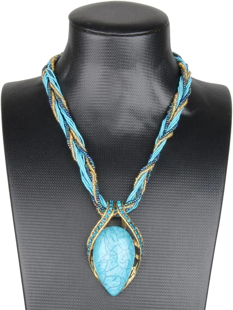 BG&WLing Retro Vintage Bohemian Collar Necklace for Women Boho Teardrop Turquoise Rhinestone Pendant Collars Fashion Jewelry Gifts Mom Grandmother Aunt
