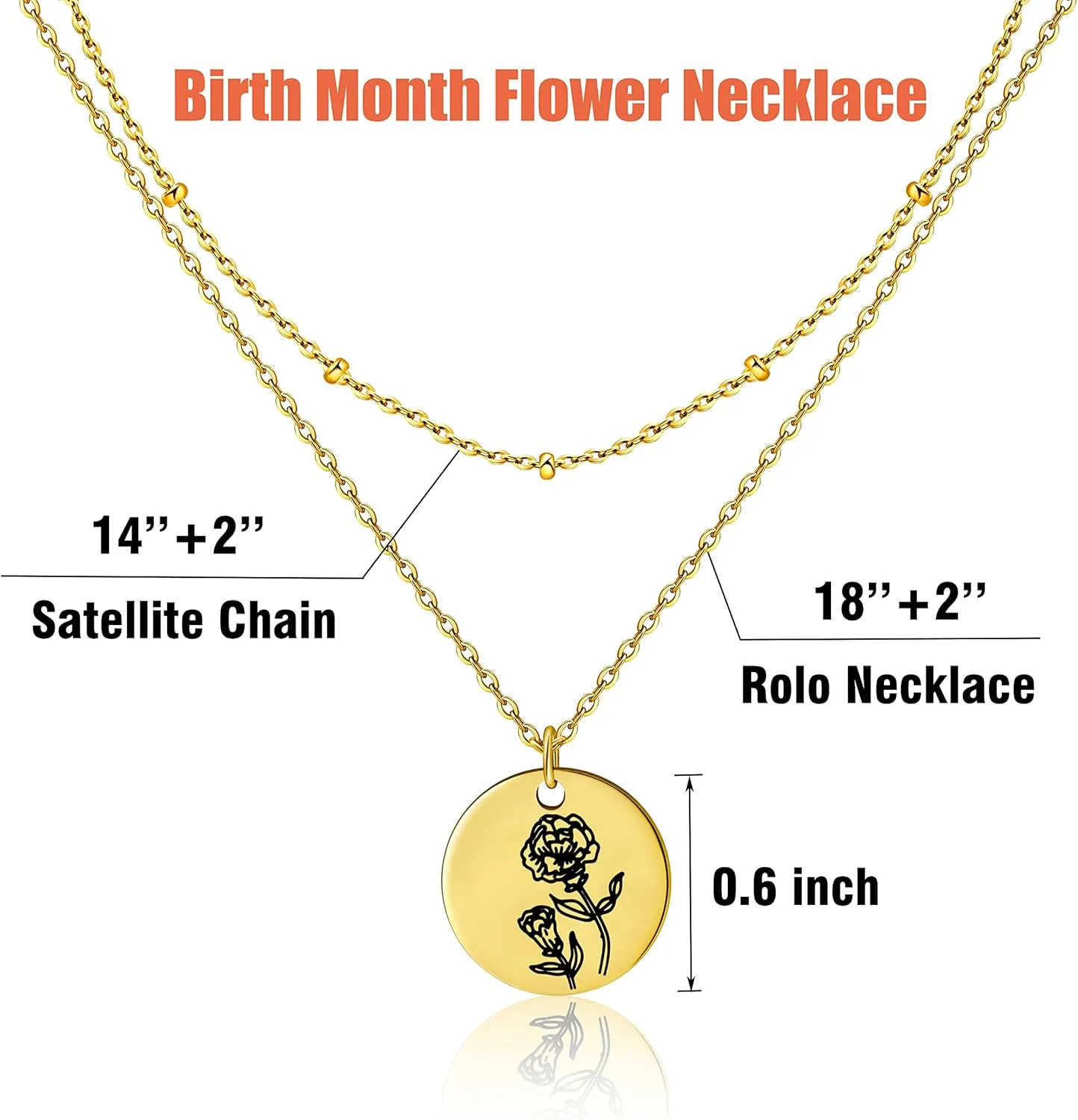 Birth Month Flower Pendant Necklace 18K Gold Plated Dainty Simple Month Birth Floral Disc Pendant Engrave Coin Necklace Minimalist Delicate Mom Daughter Gift for Her