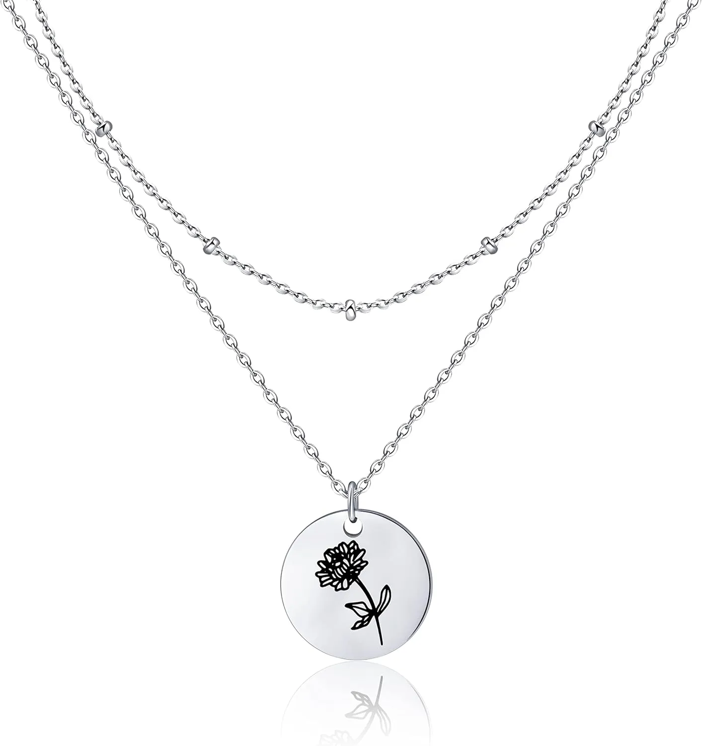 Birth Month Flower Pendant Necklace 18K Gold Plated Dainty Simple Month Birth Floral Disc Pendant Engrave Coin Necklace Minimalist Delicate Mom Daughter Gift for Her