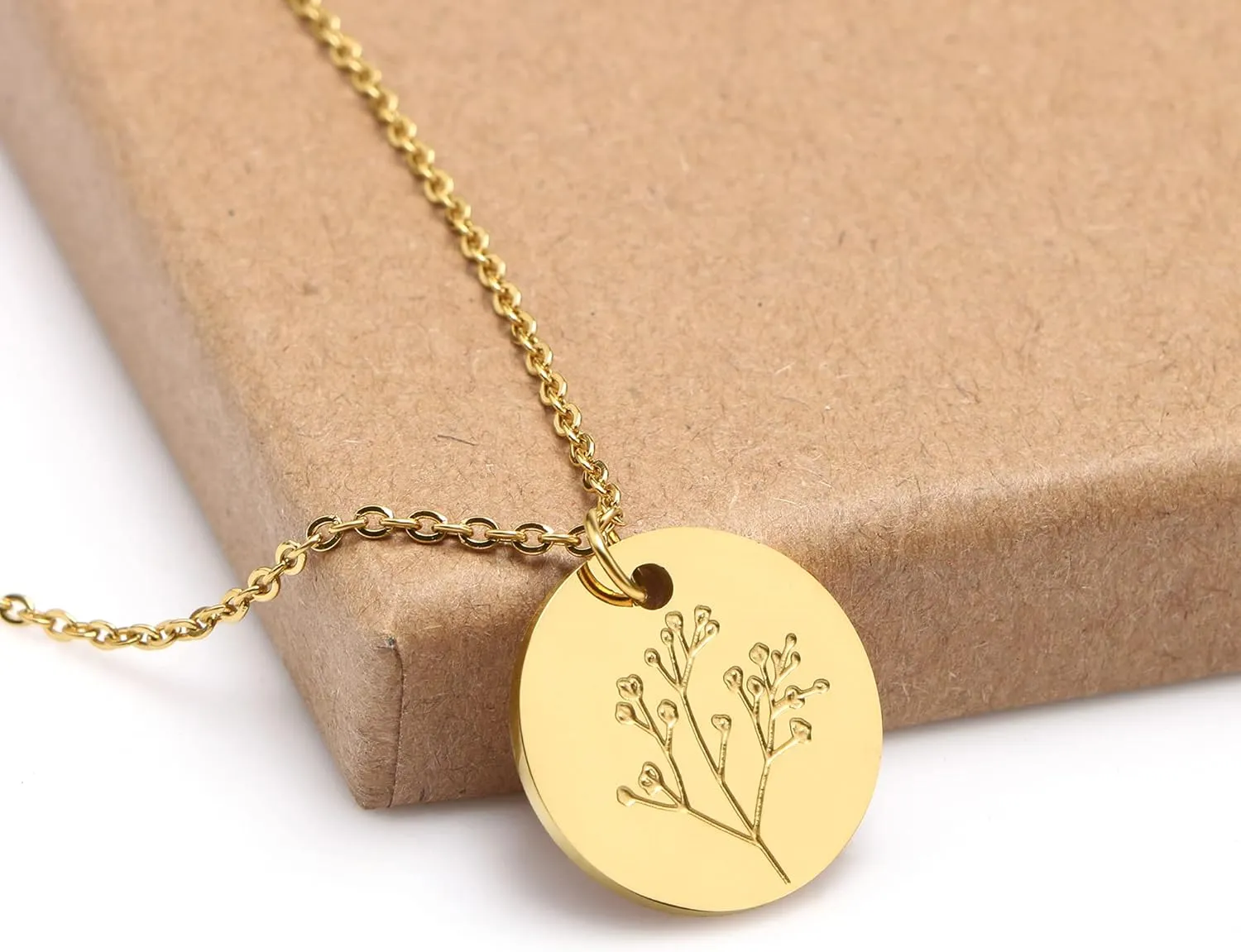 Birth Month Flower Pendant Necklace 18K Gold Plated Dainty Simple Month Birth Floral Disc Pendant Engrave Coin Necklace Minimalist Delicate Mom Daughter Gift for Her