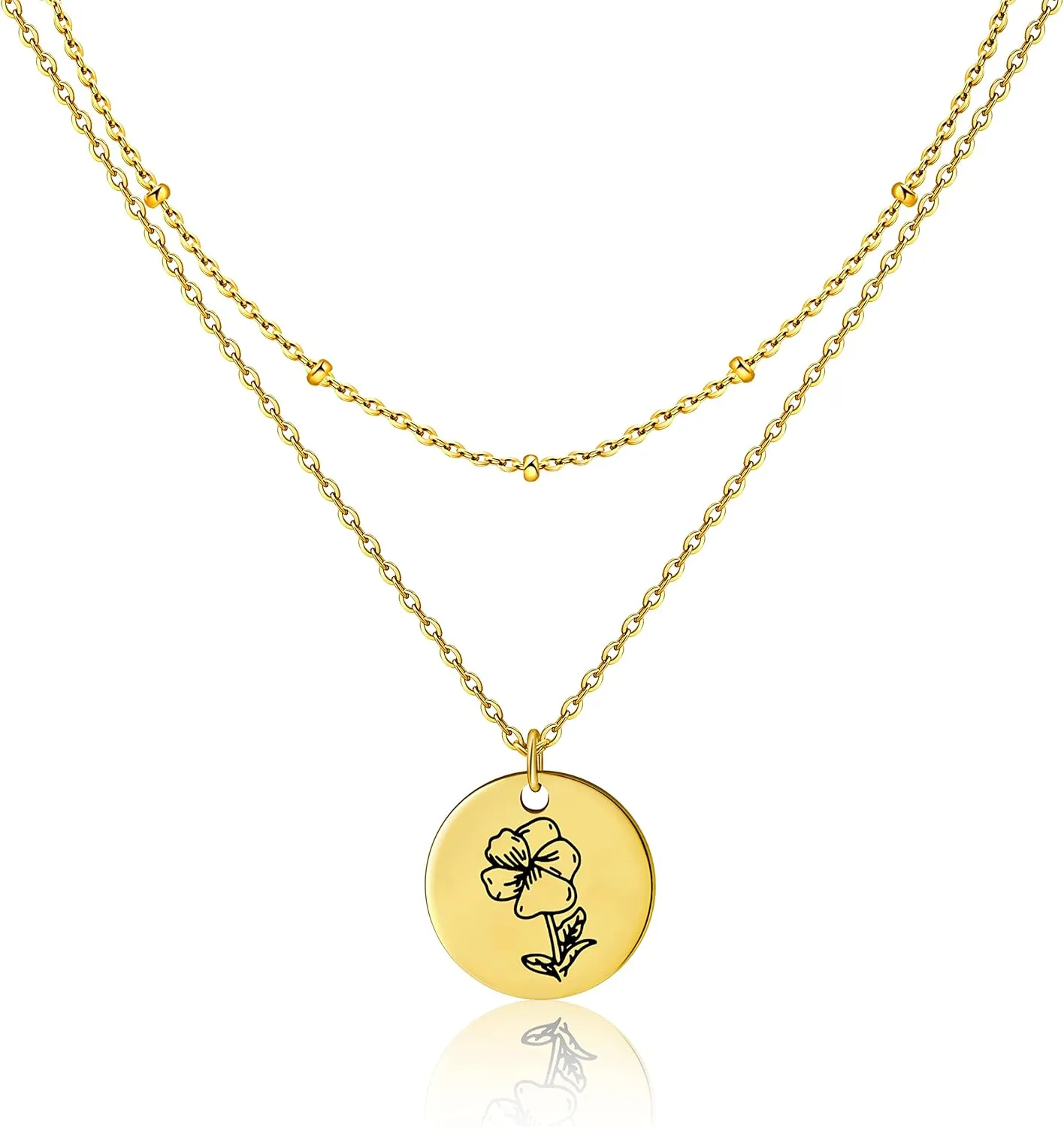 Birth Month Flower Pendant Necklace 18K Gold Plated Dainty Simple Month Birth Floral Disc Pendant Engrave Coin Necklace Minimalist Delicate Mom Daughter Gift for Her