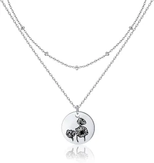 Birth Month Flower Pendant Necklace 18K Gold Plated Dainty Simple Month Birth Floral Disc Pendant Engrave Coin Necklace Minimalist Delicate Mom Daughter Gift for Her