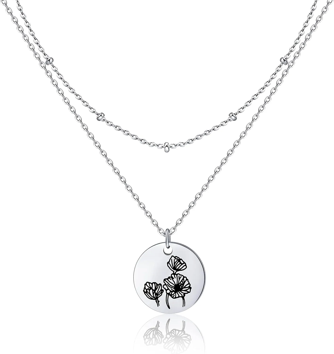 Birth Month Flower Pendant Necklace 18K Gold Plated Dainty Simple Month Birth Floral Disc Pendant Engrave Coin Necklace Minimalist Delicate Mom Daughter Gift for Her