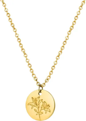 Birth Month Flower Pendant Necklace 18K Gold Plated Dainty Simple Month Birth Floral Disc Pendant Engrave Coin Necklace Minimalist Delicate Mom Daughter Gift for Her
