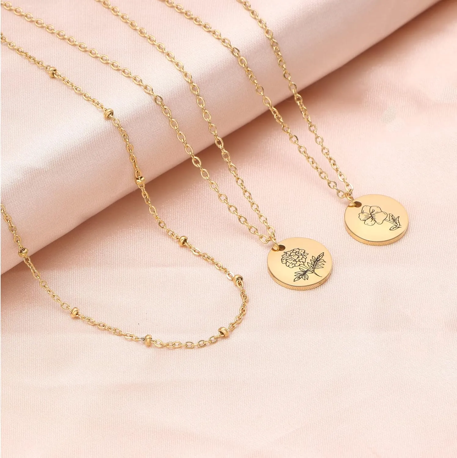 Birth Month Flower Pendant Necklace 18K Gold Plated Dainty Simple Month Birth Floral Disc Pendant Engrave Coin Necklace Minimalist Delicate Mom Daughter Gift for Her