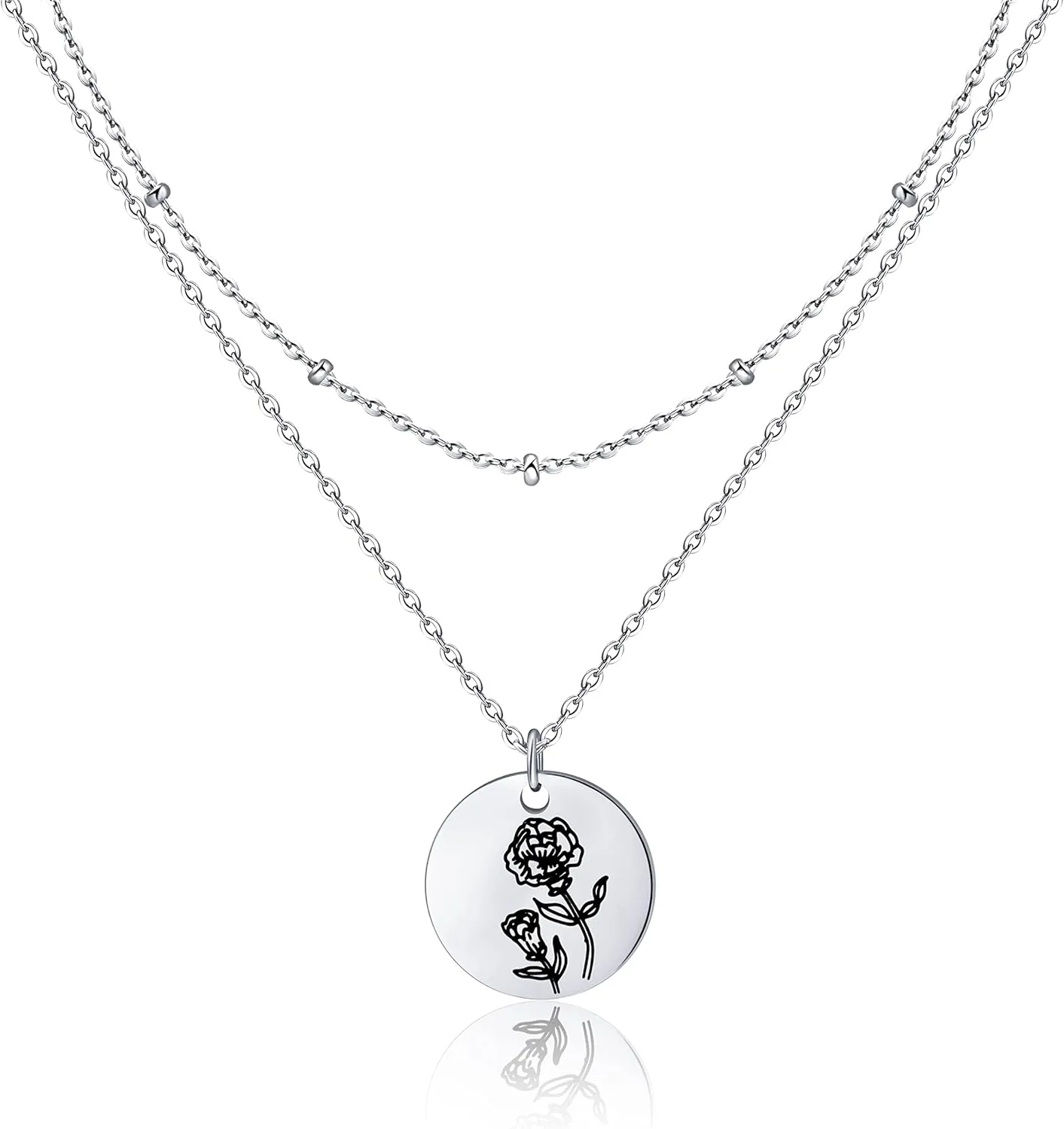 Birth Month Flower Pendant Necklace 18K Gold Plated Dainty Simple Month Birth Floral Disc Pendant Engrave Coin Necklace Minimalist Delicate Mom Daughter Gift for Her