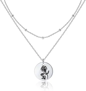 Birth Month Flower Pendant Necklace 18K Gold Plated Dainty Simple Month Birth Floral Disc Pendant Engrave Coin Necklace Minimalist Delicate Mom Daughter Gift for Her