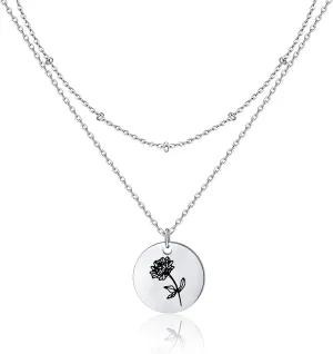 Birth Month Flower Pendant Necklace 18K Gold Plated Dainty Simple Month Birth Floral Disc Pendant Engrave Coin Necklace Minimalist Delicate Mom Daughter Gift for Her