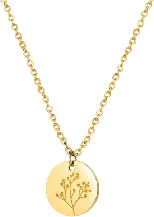 Birth Month Flower Pendant Necklace 18K Gold Plated Dainty Simple Month Birth Floral Disc Pendant Engrave Coin Necklace Minimalist Delicate Mom Daughter Gift for Her