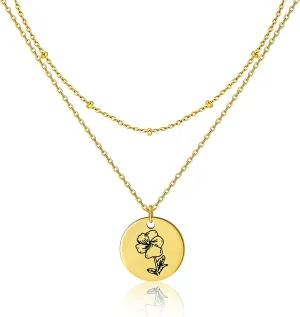 Birth Month Flower Pendant Necklace 18K Gold Plated Dainty Simple Month Birth Floral Disc Pendant Engrave Coin Necklace Minimalist Delicate Mom Daughter Gift for Her