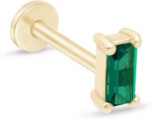 Birthstone Flat Back Earring for Women 14K Solid Gold Baguette Gemstone Solitaire Stud Earrings Threaded Earlobe Conch Tragus Helix Cartilage Piercing Jewelry for Upper Ear Nose Ring SINGLE STUD/PAIR