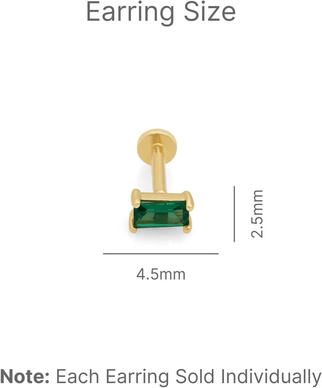 Birthstone Flat Back Earring for Women 14K Solid Gold Baguette Gemstone Solitaire Stud Earrings Threaded Earlobe Conch Tragus Helix Cartilage Piercing Jewelry for Upper Ear Nose Ring SINGLE STUD/PAIR