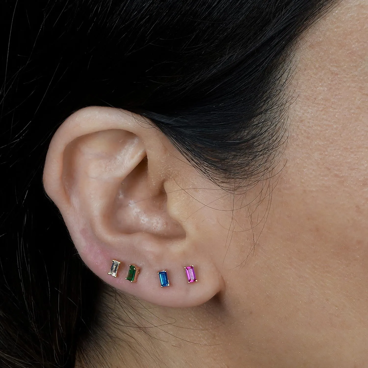 Birthstone Flat Back Earring for Women 14K Solid Gold Baguette Gemstone Solitaire Stud Earrings Threaded Earlobe Conch Tragus Helix Cartilage Piercing Jewelry for Upper Ear Nose Ring SINGLE STUD/PAIR