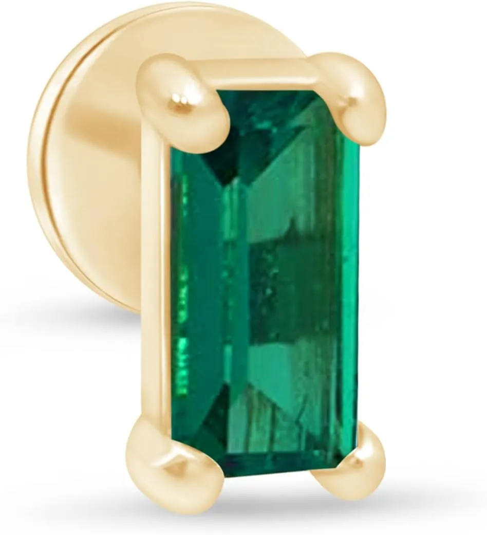 Birthstone Flat Back Earring for Women 14K Solid Gold Baguette Gemstone Solitaire Stud Earrings Threaded Earlobe Conch Tragus Helix Cartilage Piercing Jewelry for Upper Ear Nose Ring SINGLE STUD/PAIR