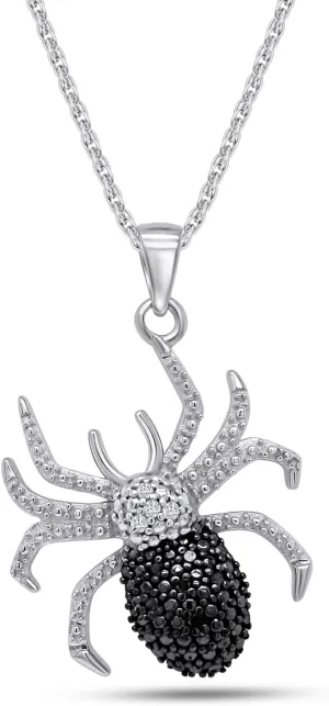 Black and White Natural Diamond Pave Set Spider Pendant Necklace in 14k Gold Over Sterling Silver