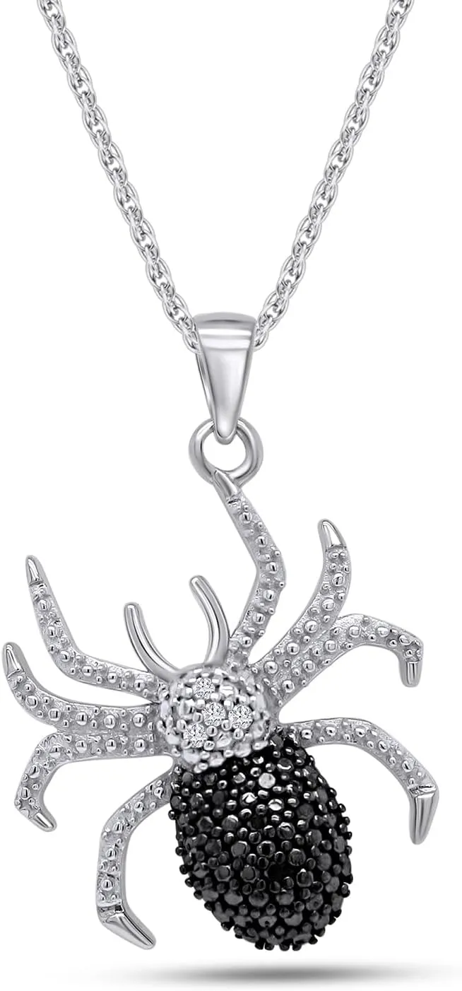 Black and White Natural Diamond Pave Set Spider Pendant Necklace in 14k Gold Over Sterling Silver