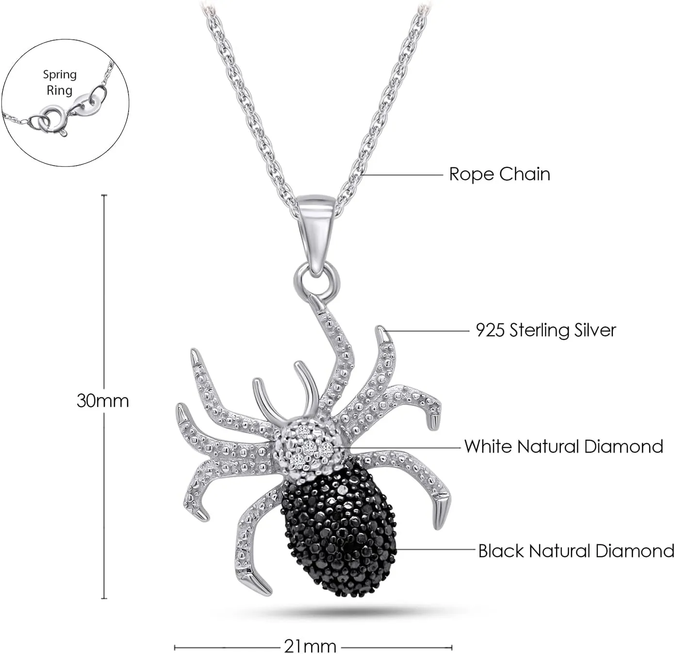 Black and White Natural Diamond Pave Set Spider Pendant Necklace in 14k Gold Over Sterling Silver
