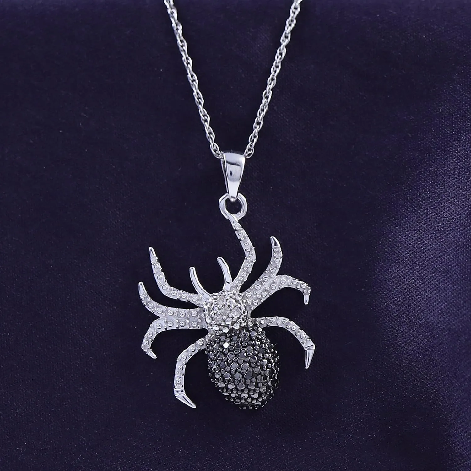 Black and White Natural Diamond Pave Set Spider Pendant Necklace in 14k Gold Over Sterling Silver