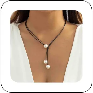 Black Leather Y Necklace Black Cord Pearl Lariat Necklace Vintage Long Suede Necklace Chain Gothic Cord Rope Choker Necklace Jewelry for Women