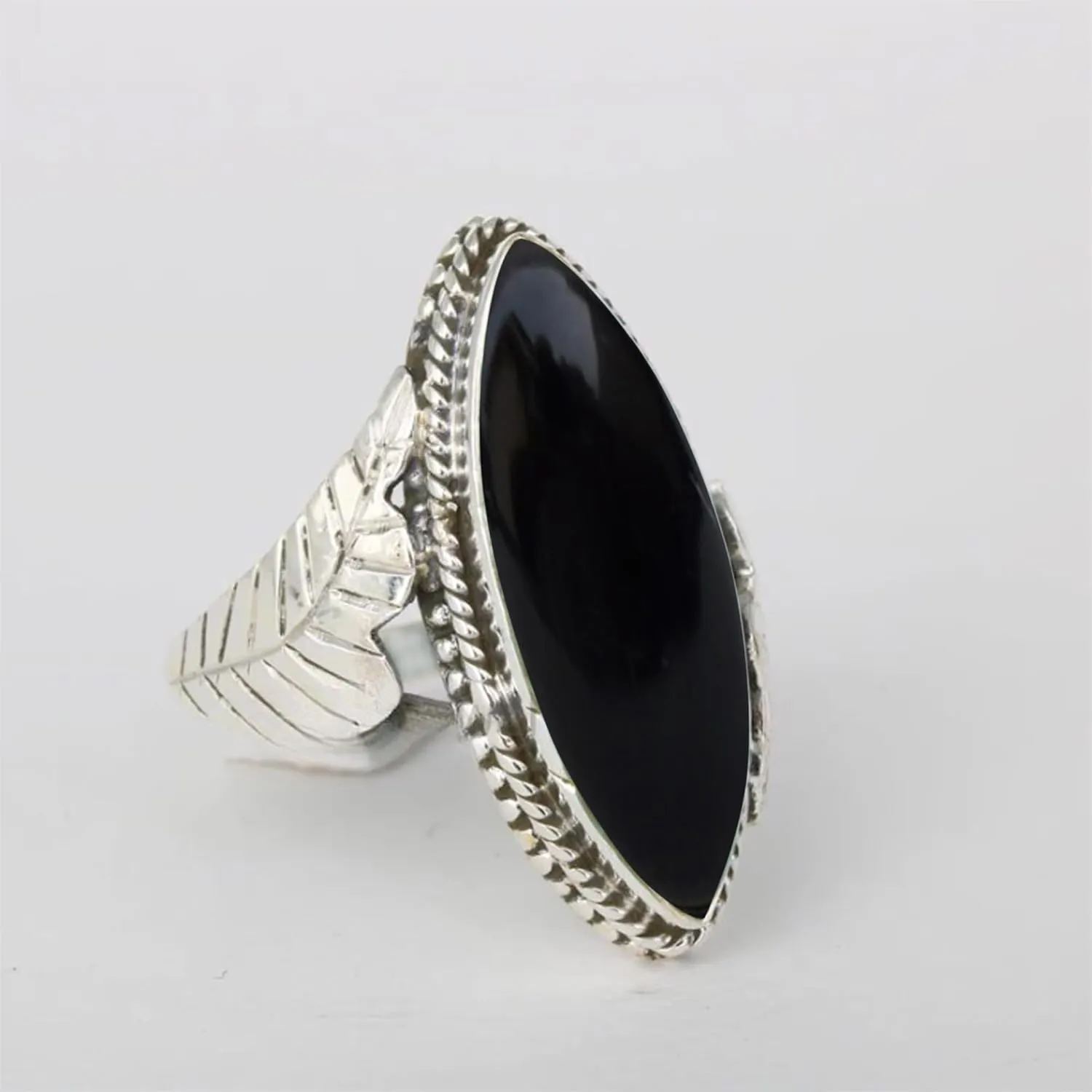 Black Onyx Ring, Large Black Onyx Ring 925 Silver Ring Statement Ring Boho Ring Gift Jewelry marquise Shapes Black Onyx Rings (8.5)