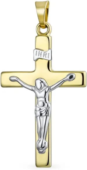 Bling Jewelry Personalize Delicate Two Tone Christian Religious Jesus Inri Crucifix Cross Necklace Pendant for Women White & 14K Yellow Real Gold Cross