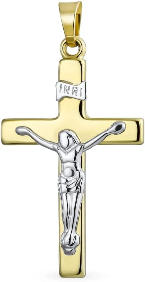 Bling Jewelry Personalize Delicate Two Tone Christian Religious Jesus Inri Crucifix Cross Necklace Pendant for Women White & 14K Yellow Real Gold Cross