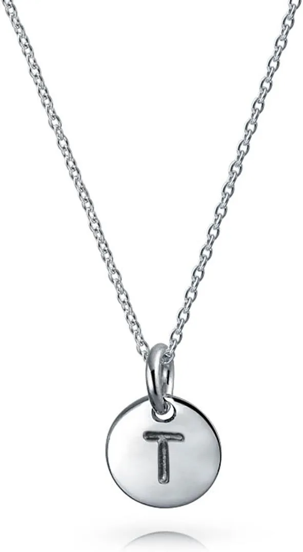 Bling Jewelry Tiny Minimalist ABC Round Disc Block Letter Alphabet A-Z Initial Pendant Necklace For Teen For Women .925 Sterling Silver