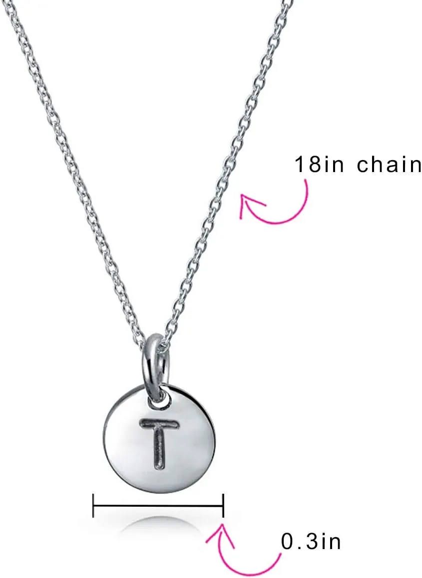 Bling Jewelry Tiny Minimalist ABC Round Disc Block Letter Alphabet A-Z Initial Pendant Necklace For Teen For Women .925 Sterling Silver