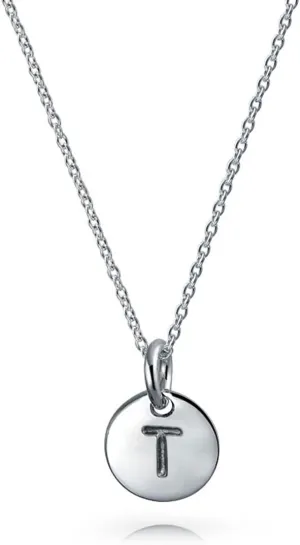 Bling Jewelry Tiny Minimalist ABC Round Disc Block Letter Alphabet A-Z Initial Pendant Necklace For Teen For Women .925 Sterling Silver